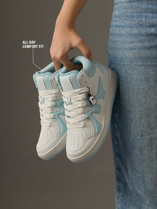 Unisex High-Top Streetwear Sneakers – White & Light Blue Casual Lace-Up Shoes