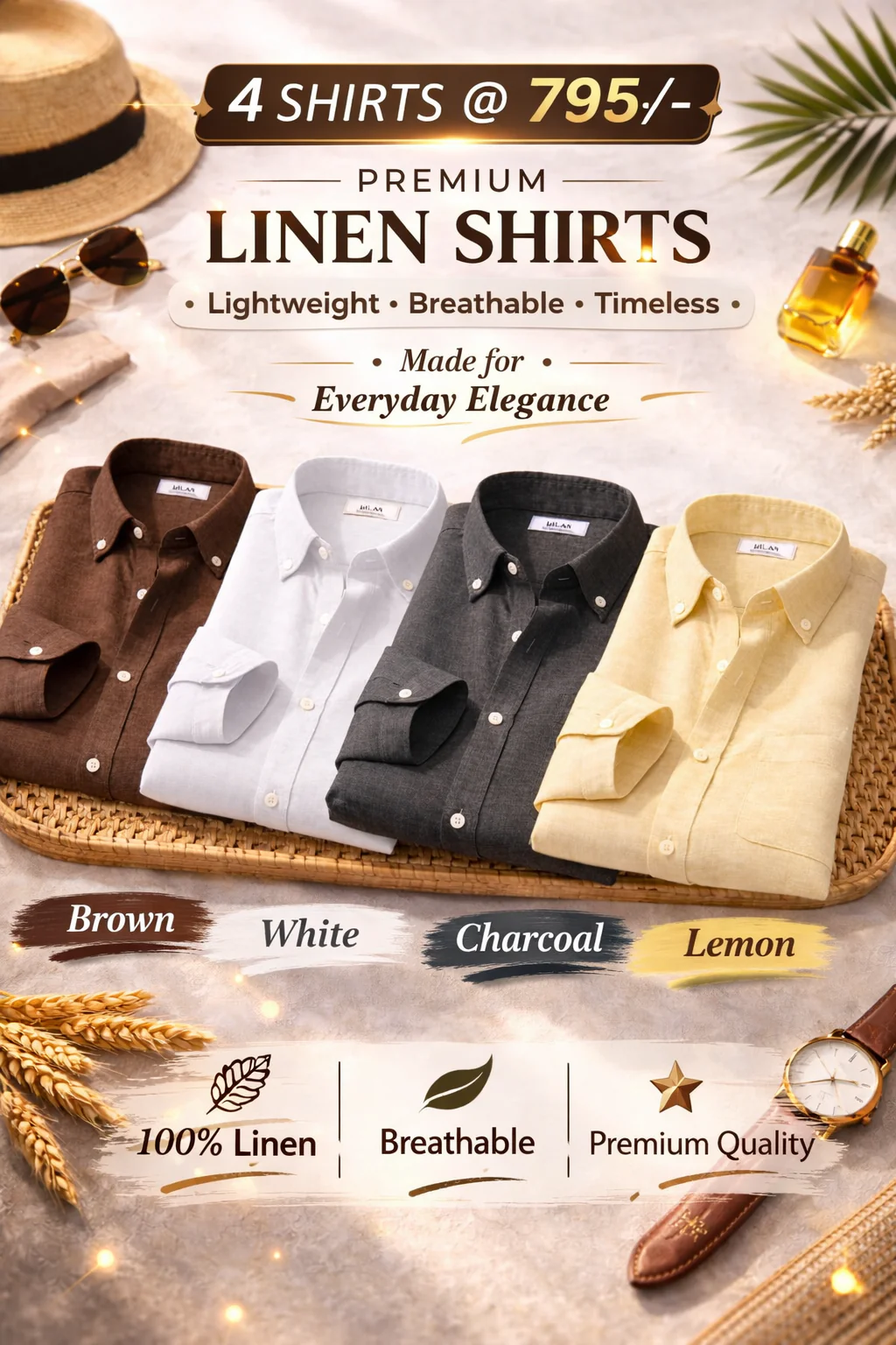 Enchi Premium 100% Linen Shirt Combo – 4 Shirts @ 795 | Breathable Summer Casual Shirts for Men (XS–6XL)