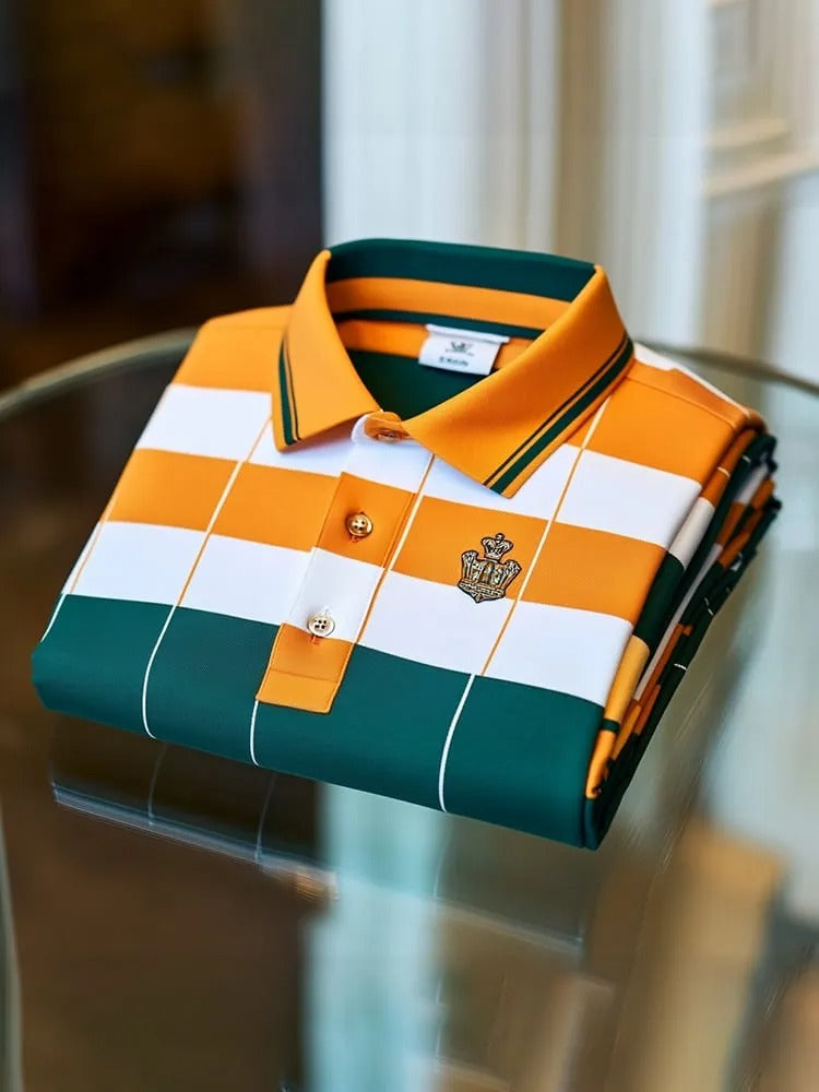 Luxury Checkered Men’s Polo Shirt – Premium Cotton Classic Fit with Crest Logo