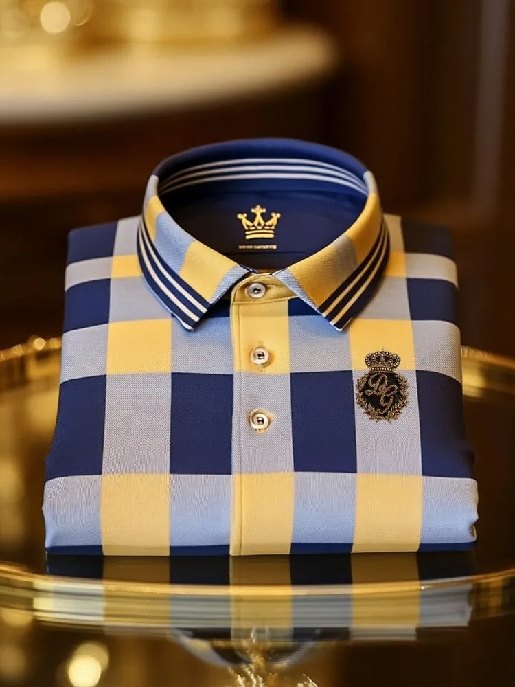 Luxury Blue & Yellow Check Men’s Polo Shirt – Premium Cotton Classic Fit with Embroidered Crest