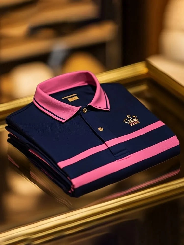 Men’s Navy Polo Shirt with Pink Contrast Collar & Stripe – Premium Short Sleeve Polo