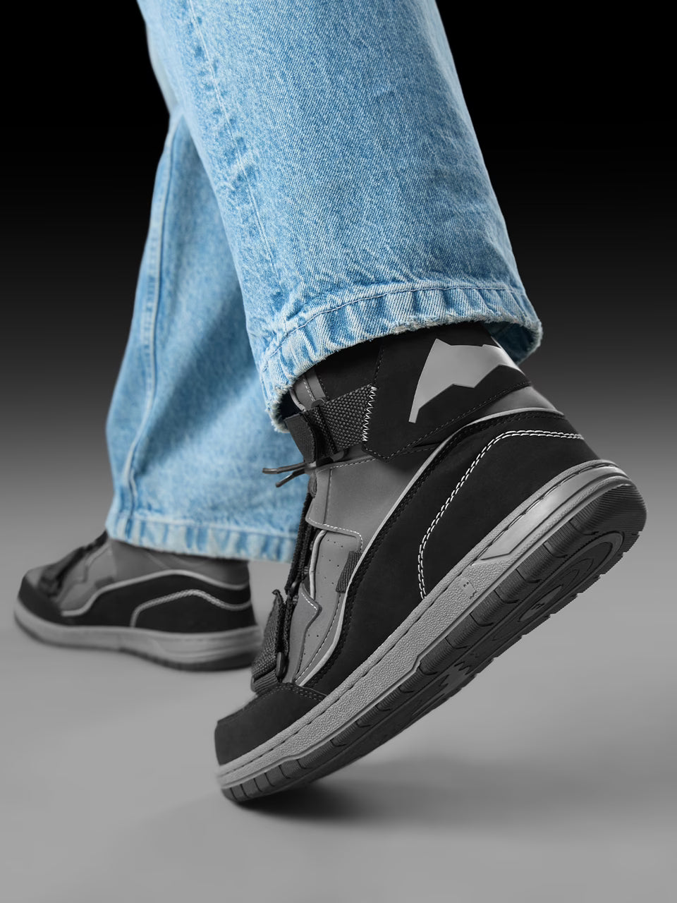 Unisex High-Top Streetwear Sneakers – Black & Grey Strap-Detail Casual Shoes