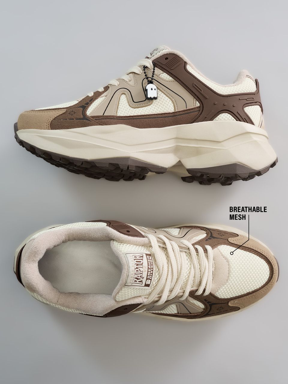 Unisex Chunky Streetwear Sneakers – Beige & Brown Breathable Casual Shoes with Cushioned Sole