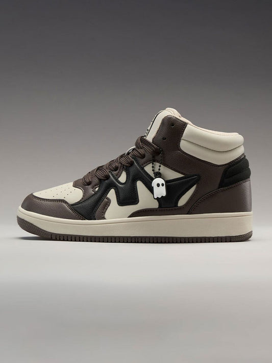 Unisex High-Top Streetwear Sneakers – Brown, Black & Cream Casual Lace-Up Shoes