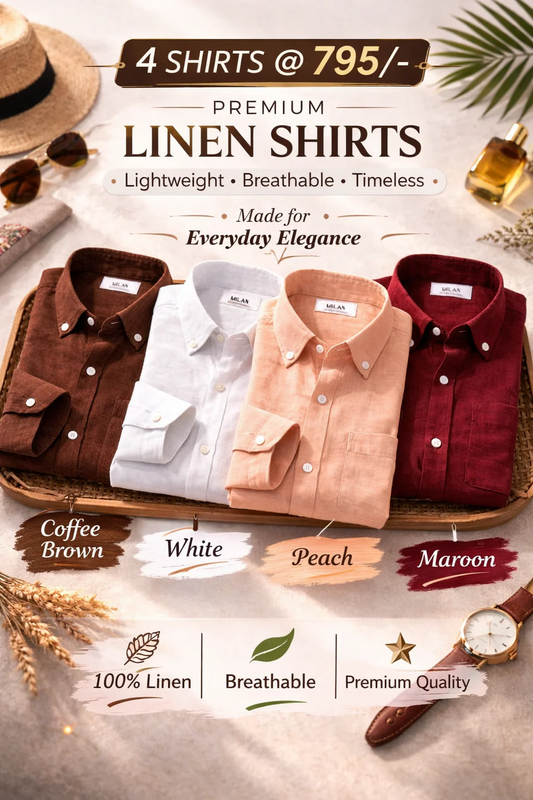 Enchi Premium 100% Linen Shirt Combo – 4 Shirts @ 795 | Coffee Brown, White, Peach & Maroon Breathable Casual Shirts for Men (XS–6XL)