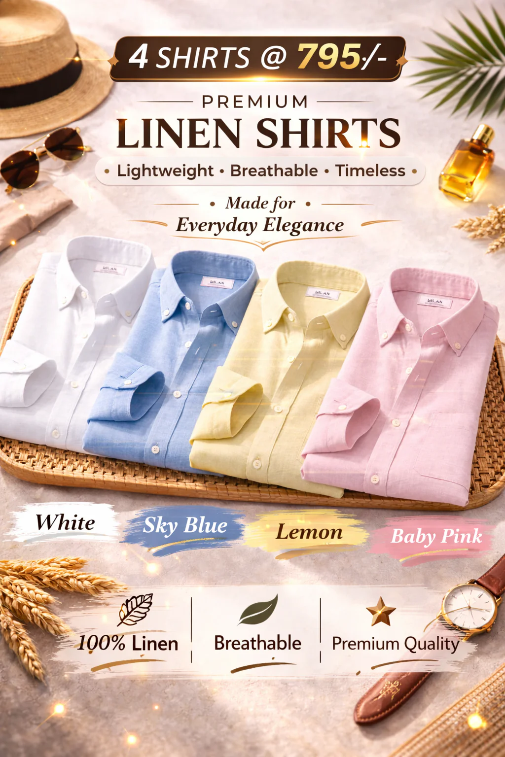 Enchi Premium 100% Linen Shirt Combo – 4 Shirts @ 795 | White, Sky Blue, Lemon & Baby Pink Breathable Summer Shirts for Men (XS–6XL)