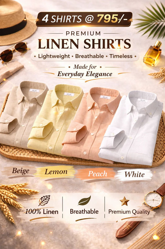 Enchi Premium 100% Linen Shirt Combo – 4 Shirts @ 795 | Beige, Lemon, Peach & White Breathable Summer Shirts for Men (XS–6XL)