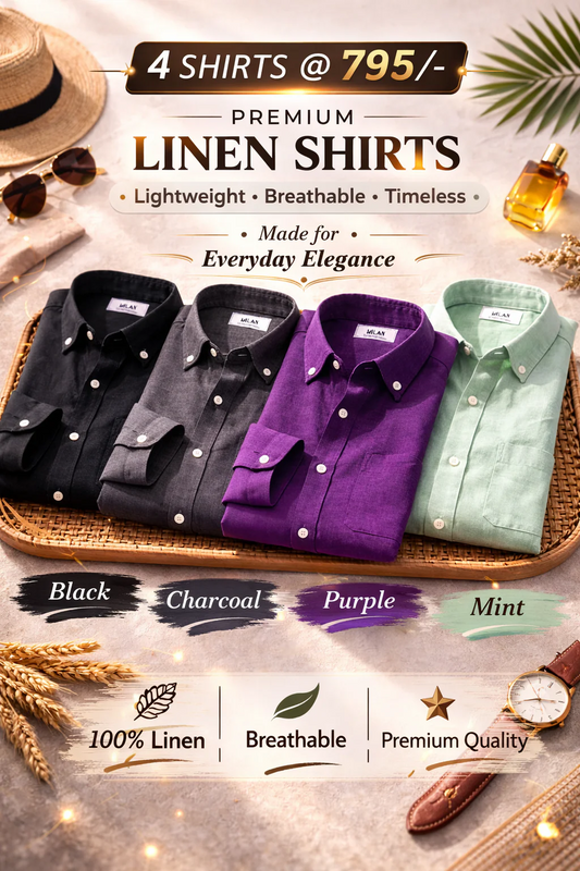 Enchi Premium 100% Linen Shirt Combo – 4 Shirts @ 795 | Black, Charcoal, Purple & Mint Breathable Summer Shirts for Men (XS–6XL)