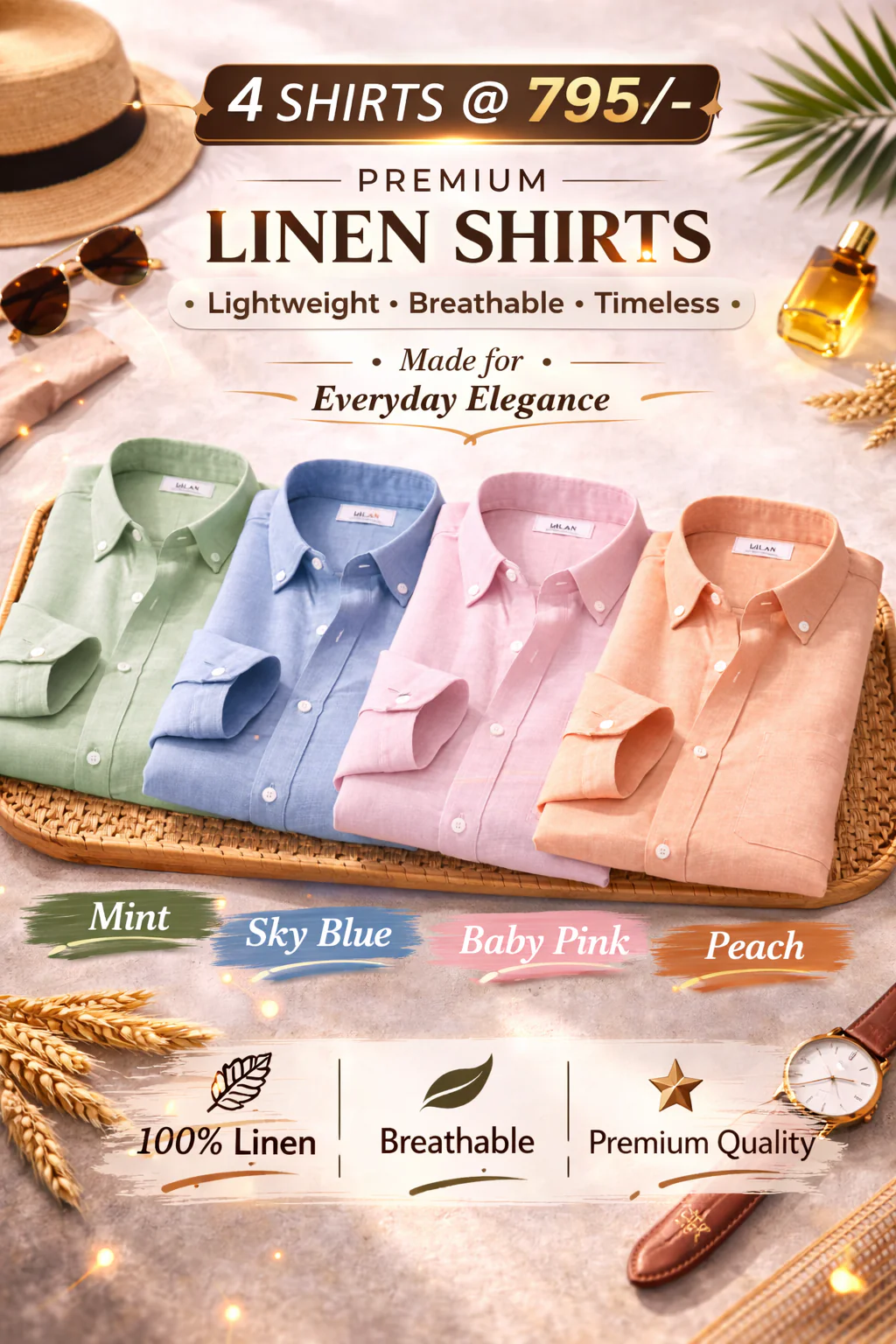 Enchi Premium 100% Linen Shirt Combo – 4 Shirts @ 795 | Breathable Summer Casual Shirts for Men (XS–6XL)