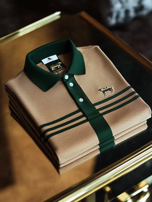 Luxury Beige & Green Men’s Polo Shirt – Premium Cotton Classic Fit with Embroidered Logo