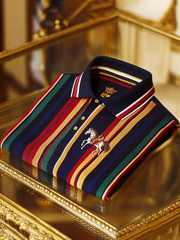 Luxury Striped Men’s Polo Shirt – Premium Cotton with Embroidered Crest Logo