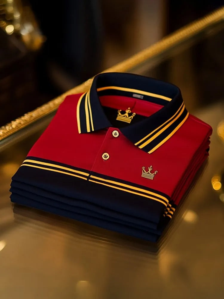Luxury Red & Navy Men’s Polo Shirt – Premium Cotton Classic Fit with Crown Emblem