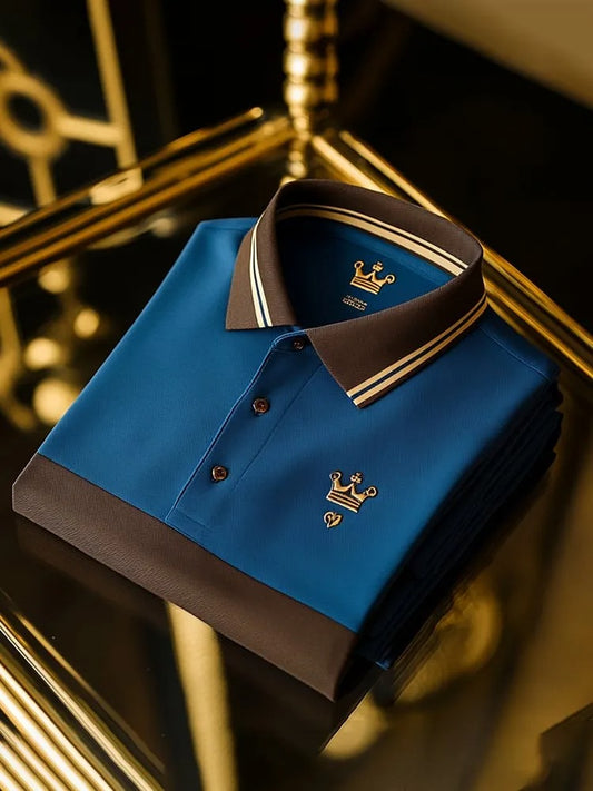 Luxury Blue Men’s Polo Shirt – Premium Cotton Classic Fit with Crown Emblem