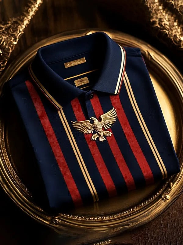 Luxury Navy & Red Striped Men’s Polo Shirt – Premium Cotton Classic Fit with Eagle Emblem