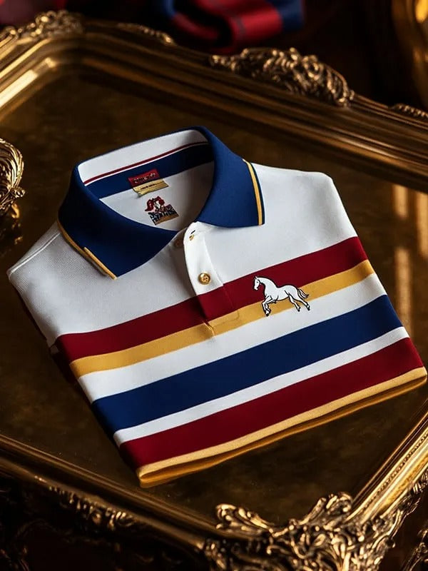 Luxury White Striped Men’s Polo Shirt – Premium Cotton Classic Fit with Horse Emblem