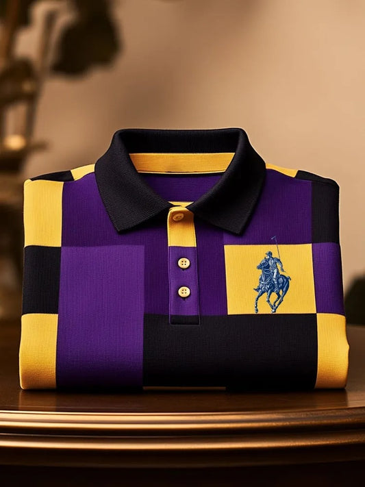 Luxury Purple & Yellow Check Men’s Polo Shirt – Premium Cotton Classic Fit with Embroidered Logo