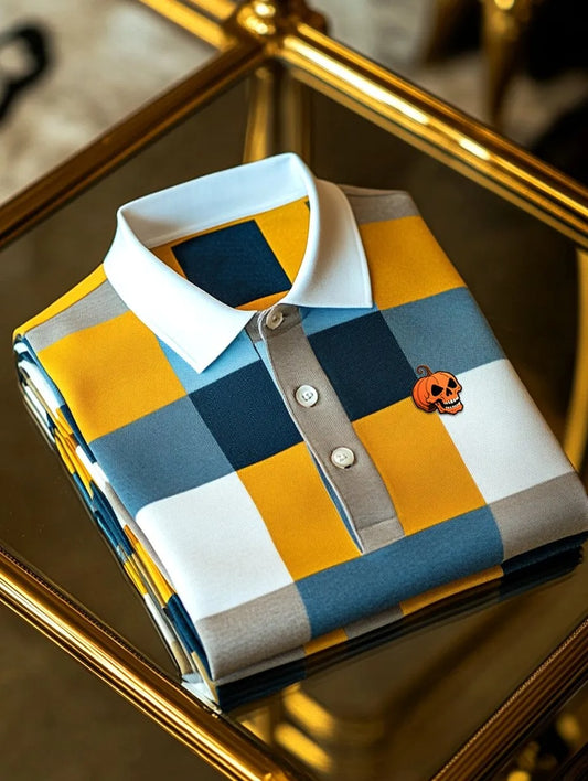Premium Blue & Yellow Check Men’s Polo Shirt – Cotton Classic Fit with Statement Patch
