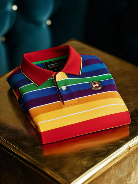 Luxury Multicolor Striped Men’s Polo Shirt – Premium Cotton Classic Fit with Crest Logo